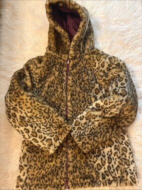 Faux Fur Leopard Print Hooded Jacket - Gold and Black